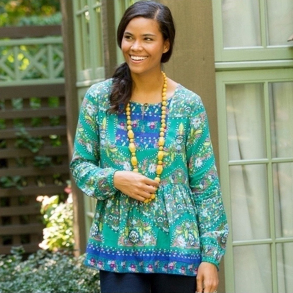 Matilda Jane Evergreen Floral Print Babydoll Top M Boho Folk Artisan Artsy Green